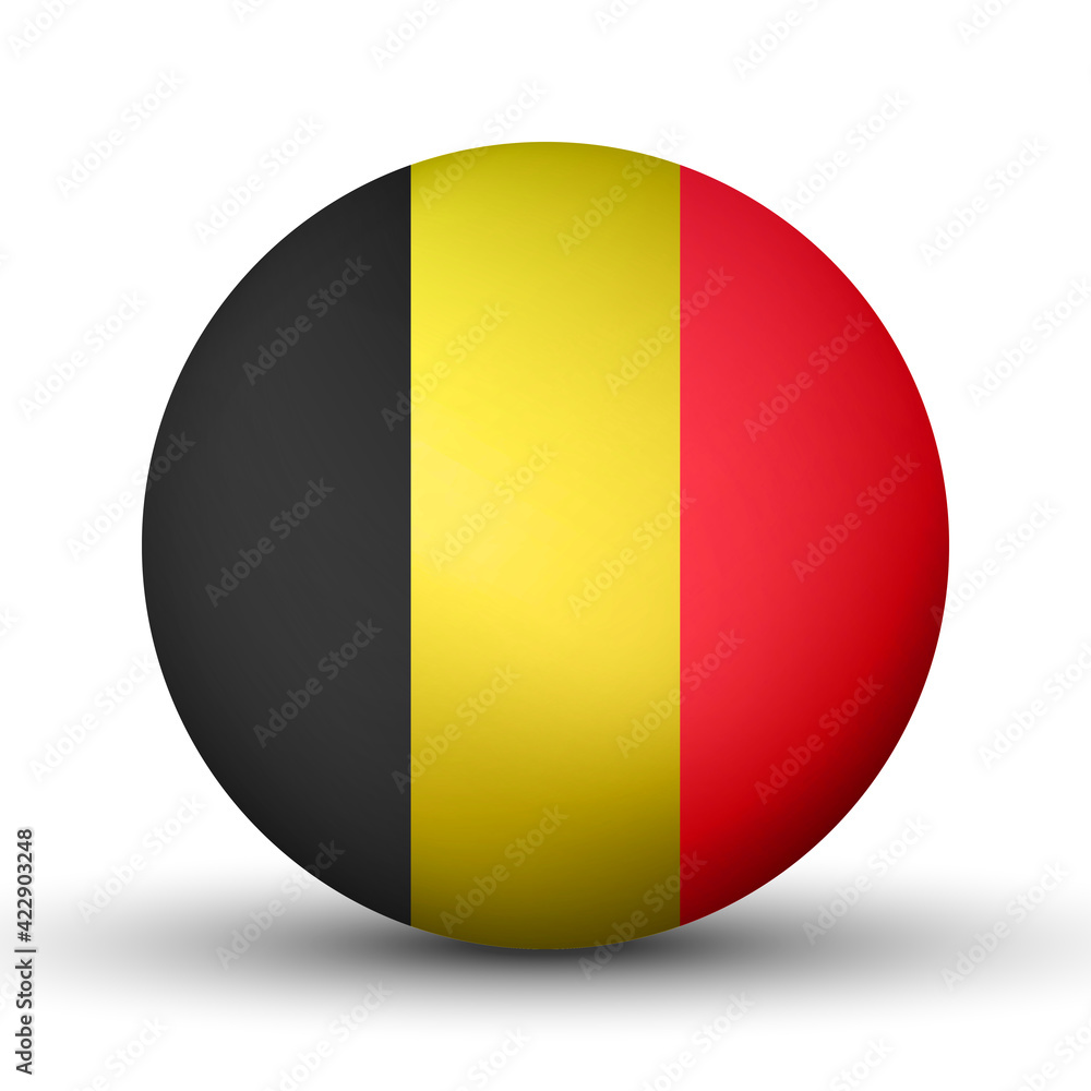 Fototapeta premium Glass light ball with flag of Belgium. Round sphere, template icon. Belgian national symbol. Glossy realistic ball, 3D abstract vector illustration highlighted on a white background. Big bubble