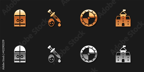 Set Medieval castle gate, Sword with blood, Round wooden shield and Castle, fortress icon. Vector