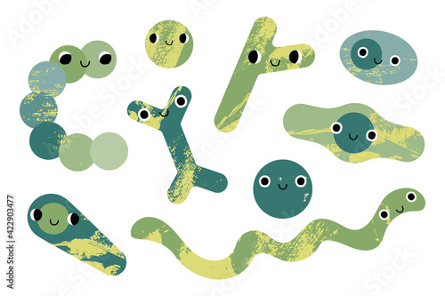 Happy cute bacteria character with smiling face. Funny kind kawaii microorganism: coccus, bifidobacterium, clostridium, streptococcus, spirillum. Vector flat cartoon illustration