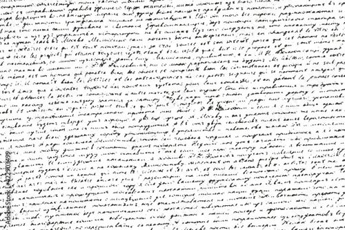 Monochrome background of an old illegible letter with uneven lines. Damaged unreadable inked text isolated on a white background photo