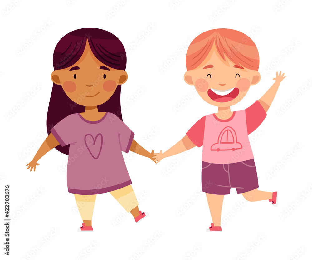 Cheerful Boy and Girl of Diverse Nationality Holding Hands and Smiling Vector Illustration Cheerful Boy and Girl of Diverse Nationality Holding Hands and Smiling Vector Illustration