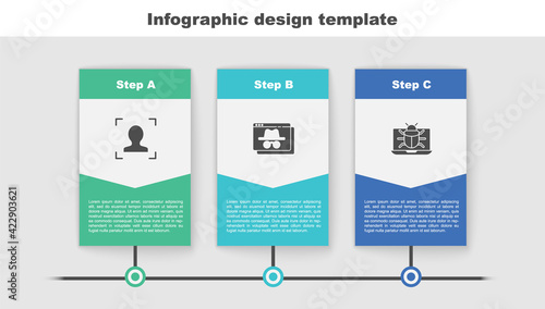 Set Face recognition, Browser incognito window and System bug monitor. Business infographic template. Vector