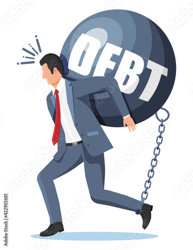 Businessman chained to big heavy debt weight