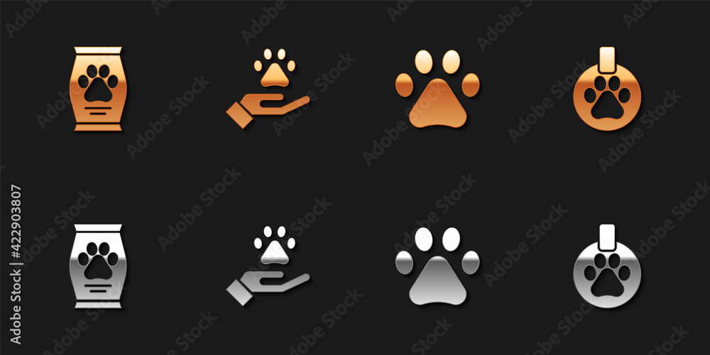 Set Bag of food, Hands with animals footprint, Paw and Collar name tag icon. Vector Set Bag of food, Hands with animals footprint, Paw and Collar name tag icon. Vector