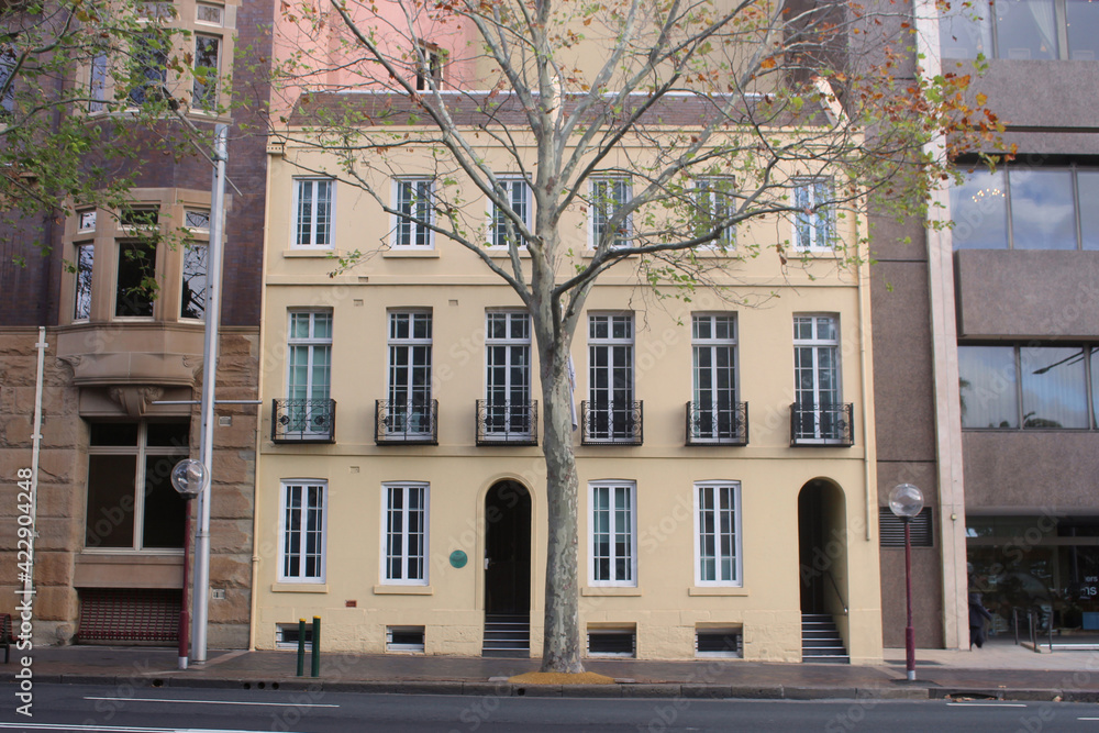 A pair of old residential three storey colonial terrace houses in the city. Rare surviving colonial city terraces with basements. Old Colonial Regency style. Sydney City