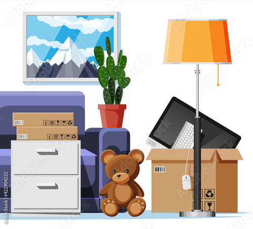 Sofa with cardboard boxes with household items