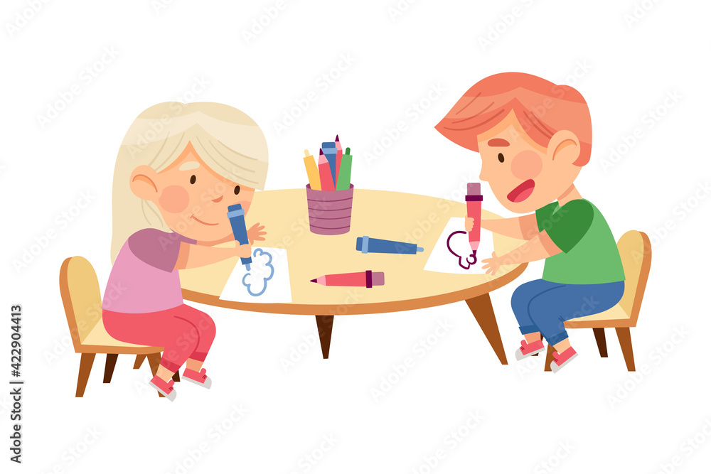 Little Boy and Girl at Table Drawing with Felt Pens in Kindergarden Vector Illustration Little Boy and Girl at Table Drawing with Felt Pens in Kindergarden Vector Illustration