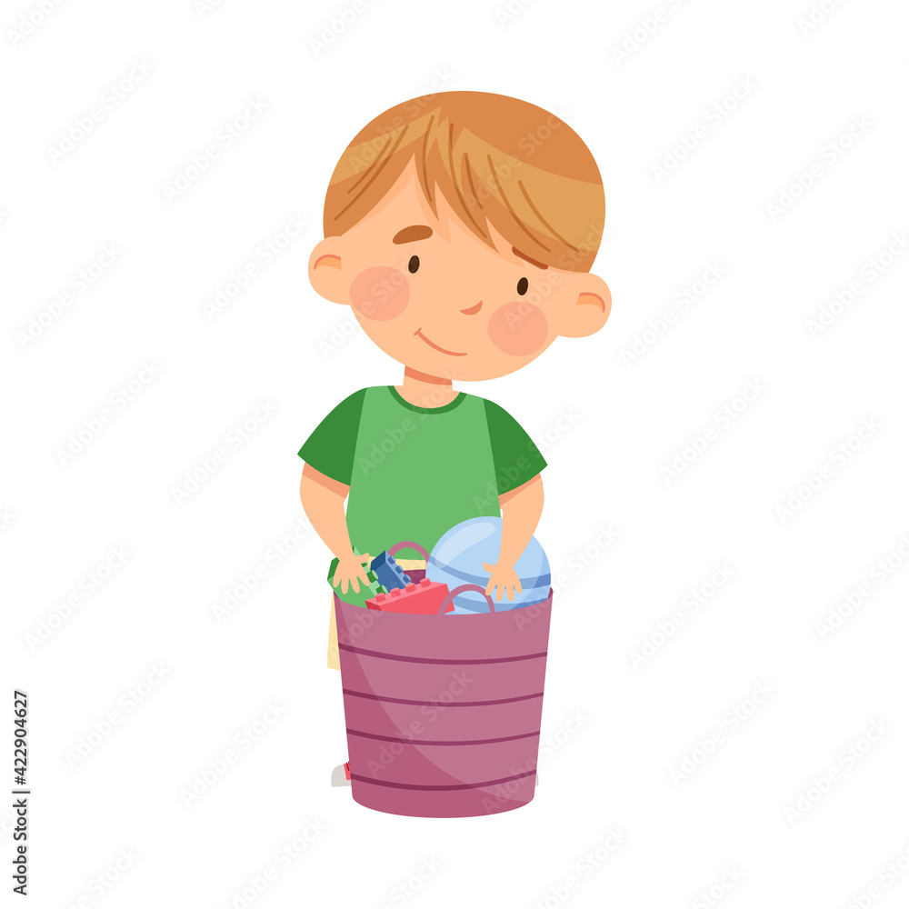 Cute Little Boy Standing Near Basket with Different Toys in Kindergarden Vector Illustration Cute Little Boy Standing Near Basket with Different Toys in Kindergarden Vector Illustration