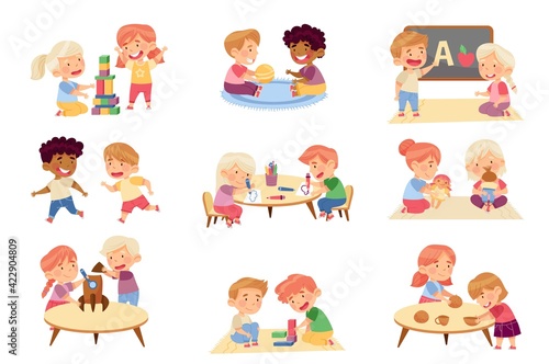 Kids Playing Toys and Game in Kindergarden Running, Playing Doll and Drawing Vector Set
