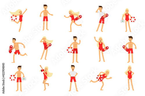 Beach-rescue Man and Woman Character Performing Their Duties Vector Set