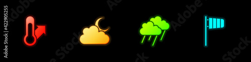 Set Meteorology thermometer, Cloud with moon, rain and Cone windsock wind vane icon. Vector