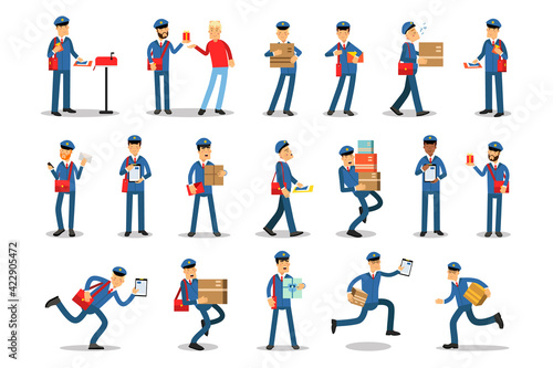 Postman Wearing Uniform Engaged in Daily Routine Vector Illustration Set