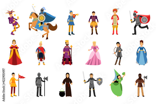 Medieval People Characters with Herald and Jester Vector Illustration Set