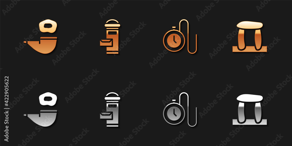Set Smoking pipe, London mail box, Watch with chain and Stonehenge icon. Vector Set Smoking pipe, London mail box, Watch with chain and Stonehenge icon. Vector