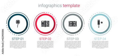 Set Four leaf clover, Pound sterling money, Flag of Great Britain and Wood cricket bat and ball. Business infographic template. Vector