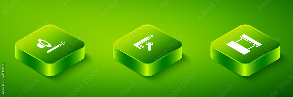 Set Isometric Striker attraction with hammer, Ticket box office and Magic hat and wand icon. Vector Set Isometric Striker attraction with hammer, Ticket box office and Magic hat and wand icon. Vector