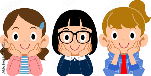 頬杖をつく三人の女の子
