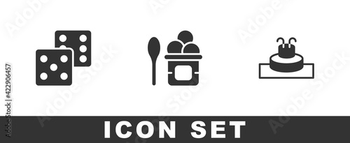 Set Game dice, Ice cream in bowl and Fountain icon. Vector