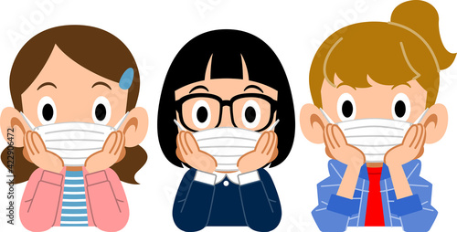 マスクを着けて頬杖をつく三人の女の子

