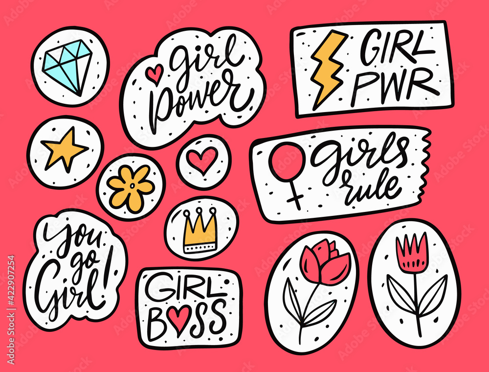 Feminism motivation lettering phrases set. Hand drawn colorful style.