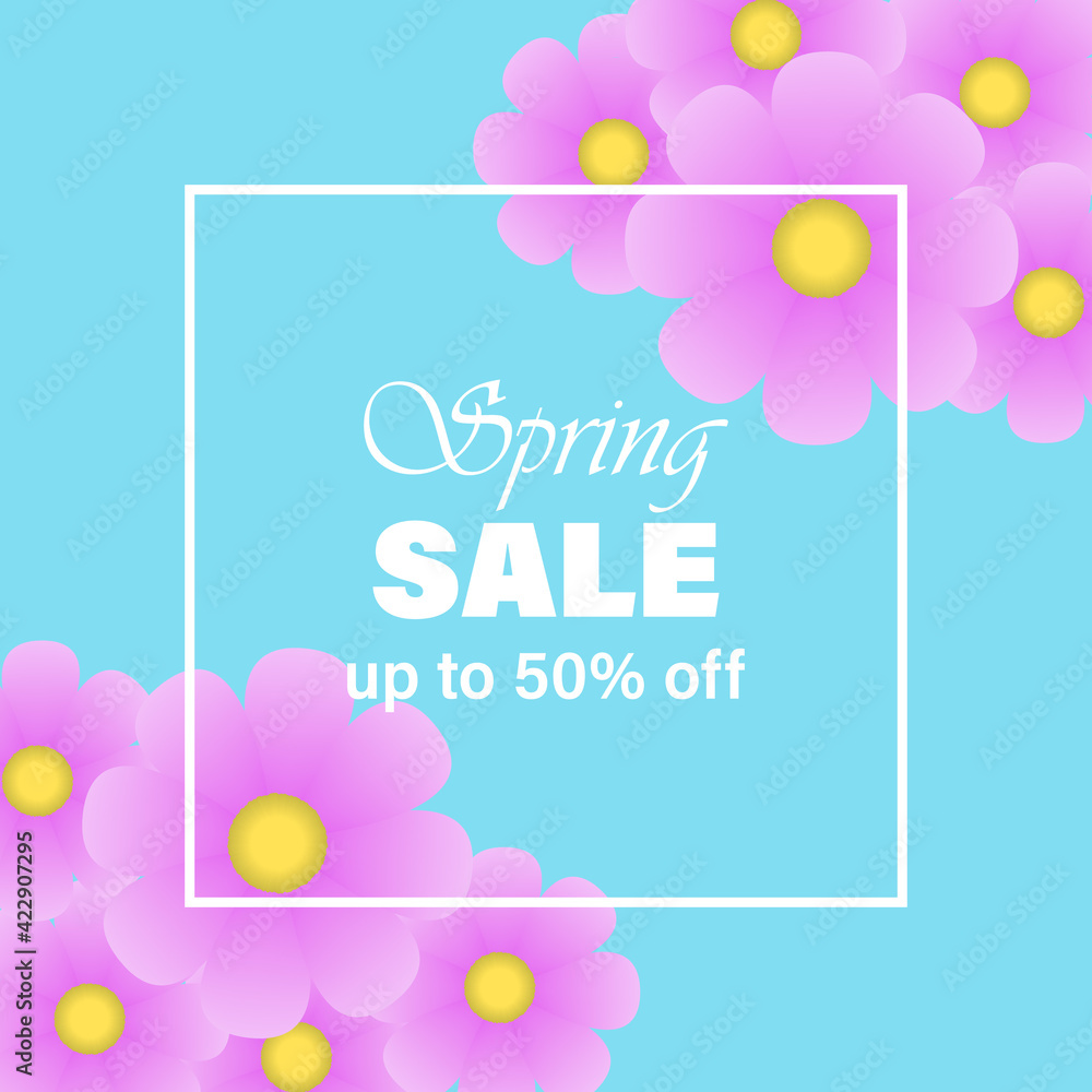 Beautiful spring sale banner with bright realistic flowers. Discount with 50% off. Special promotion. Colourful background. Template for offer, promo, web