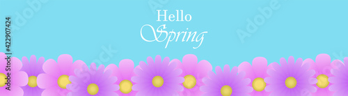 Hello spring horizontal banner. Creative design with pink and purple flowers on blue background. May use for web