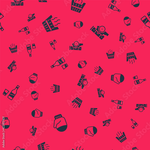 Set Christmas mitten, Sauna bucket, Bottle of vodka with glass and Cannon on seamless pattern. Vector