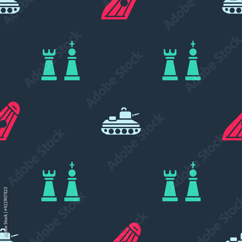 Set Kankles, Military tank and Chess on seamless pattern. Vector