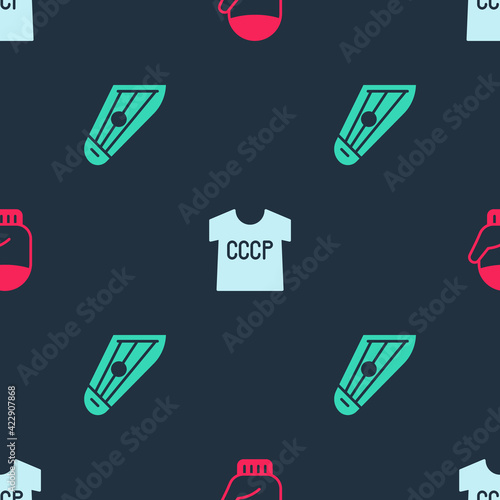 Set Christmas mitten, USSR t-shirt and Kankles on seamless pattern. Vector