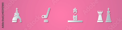 Set paper cut The Tsar bell, Ice hockey stick and puck, Slavic pagan idol and Chess icon. Paper art style. Vector
