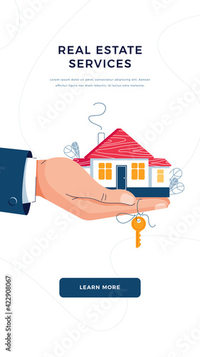 Real estate agency banner. Broker's hand giving house keys for home purchase. Deal sale, property purchase, real estate agency servise concept concept for website design. Flat vector illustration