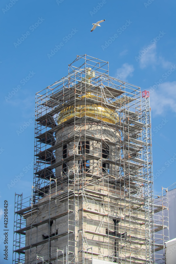 Restoration process of church, cathedral, maintenance and gold plating of its domes. The Cathedral of the Assumption in Varna, Bulgaria.
