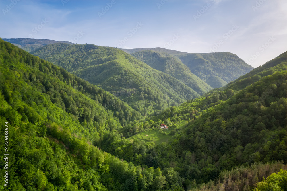 Aerial view with spring green forests and hills overgrown with lush vegetation and a small hut nestled between them, Balkan Mountains, Bulgaria