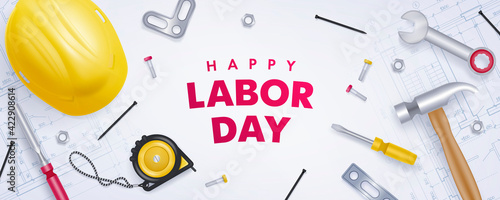Happy labor day banner with realistic yellow helmet and tools
