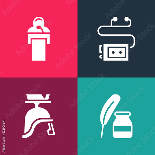 Set pop art Feather and inkwell, Roman army helmet, Museum audio guide and Gives lecture icon. Vector