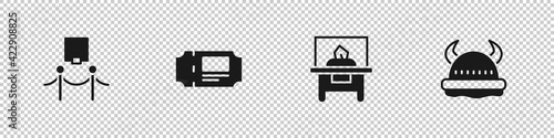 Set Picture and rope barrier, Museum ticket, Glass showcase for exhibit and Viking in horned helmet icon. Vector
