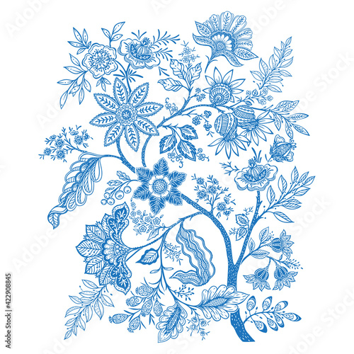 Fototapeta Naklejka Na Ścianę i Meble -  Set of pattern elements with stylized ornamental flowers in retro, vintage style. Jacobin embroidery. Colored vector illustration In pink