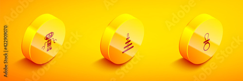 Set Isometric Robot toy, Pyramid and Baby dummy pacifier icon. Vector