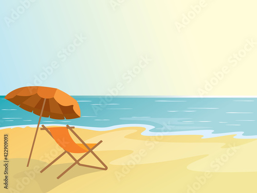 Summer beach background, sun lounger and umbrella by the sea, space for text or design, vector illustration, banner.