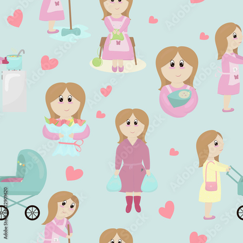 mom in a pink dress with a bouquet of flowers  with a newborn baby in her arms  with a stroller  with purchases  household chores - cooking  cleaning  knitting  vector seamless pattern in a flat style