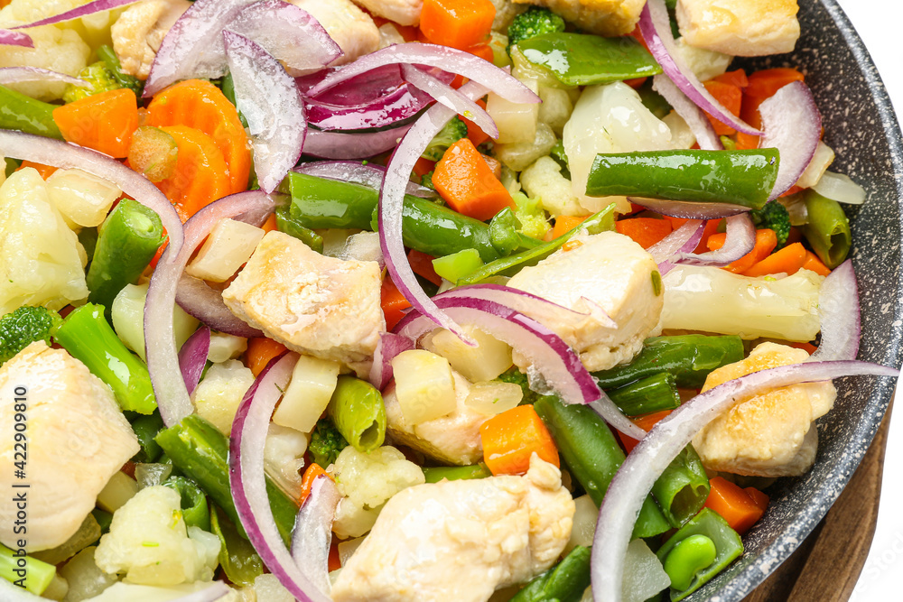 Frying pan with tasty vegetables and chicken, closeup Frying pan with tasty vegetables and chicken, closeup