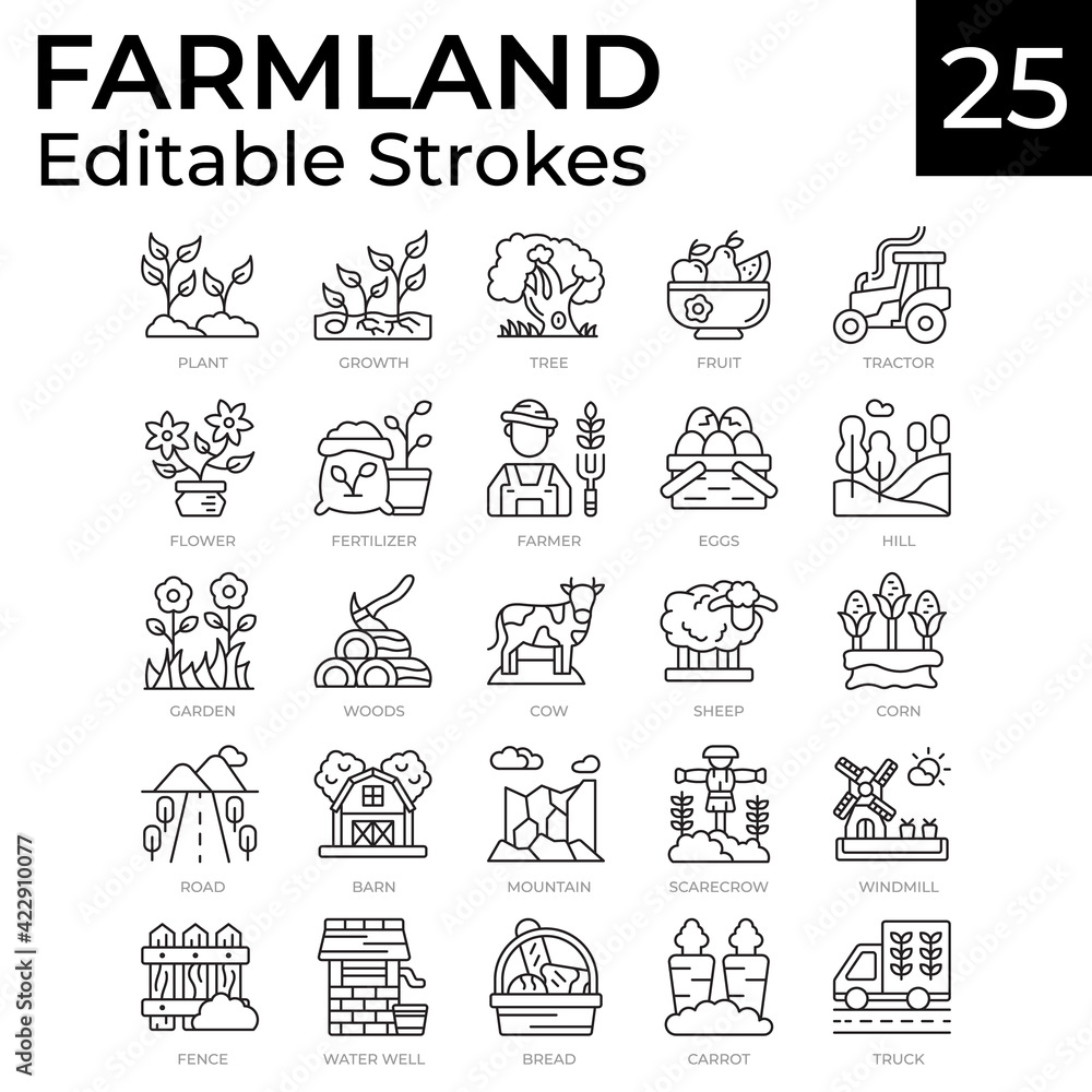 Vector illustration of Farmland icon. 25 icons with editable stroke, simple illustration