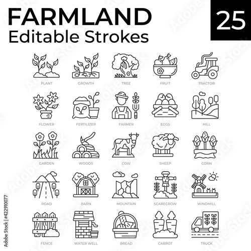 Vector illustration of Farmland icon. 25 icons with editable stroke  simple illustration