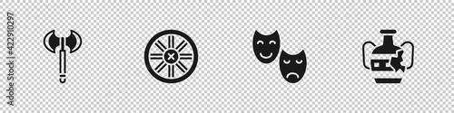 Set Medieval axe, Old wooden wheel, Comedy and tragedy masks and Broken amphorae icon. Vector