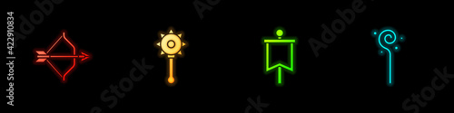 Set Medieval bow and arrow, chained mace ball, flag and Magic staff icon. Vector