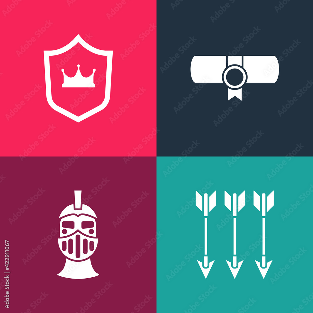 Set pop art Crossed arrows, Medieval iron helmet, Decree, parchment, scroll and Shield with crown icon. Vector Set pop art Crossed arrows, Medieval iron helmet, Decree, parchment, scroll and Shield with crown icon. Vector