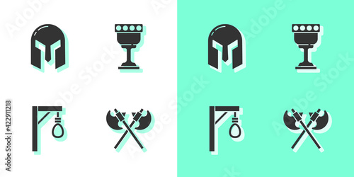 Set Crossed medieval axes, Medieval iron helmet, Gallows and goblet icon. Vector