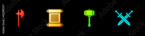 Set Medieval axe, Decree, parchment, scroll, Hammer and Crossed medieval sword icon. Vector