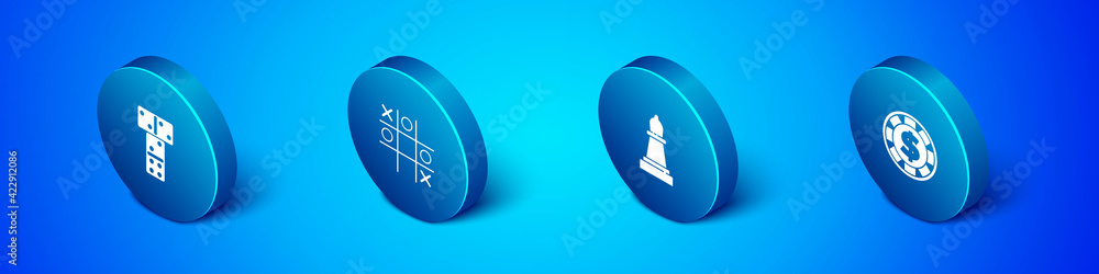 Set Isometric Domino, Chess, Casino chip with dollar and Tic tac toe game icon. Vector Set Isometric Domino, Chess, Casino chip with dollar and Tic tac toe game icon. Vector