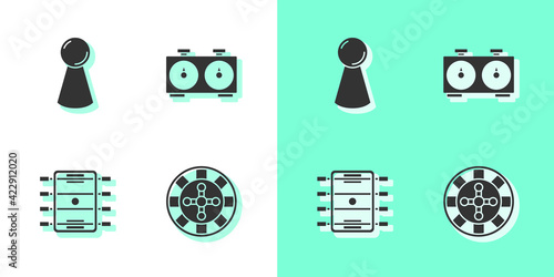 Set Casino roulette wheel, Chip for board game, Hockey table and Time chess clock icon. Vector